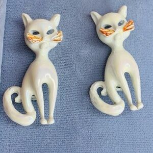 Vintage MCM Set of Two White Iridescent Enamel Cat Brooches
